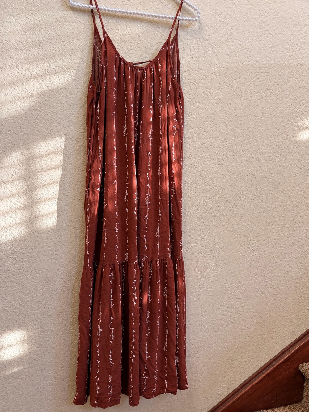 Final Touch Rust Brown Spaghetti-Strap Maxi Dress with White Vine Print